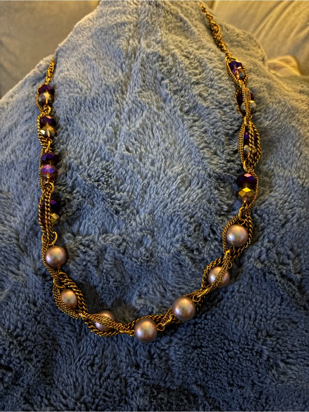 Cookie Lee Necklace. Purple crystal and faux pearl. Gold tone vintage./retro